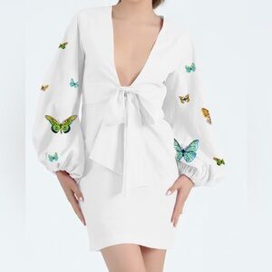 NWT Fanm Mon DressesEmbroidered Butterfly Cotton Long Sleeve Deep V Mini Dress S